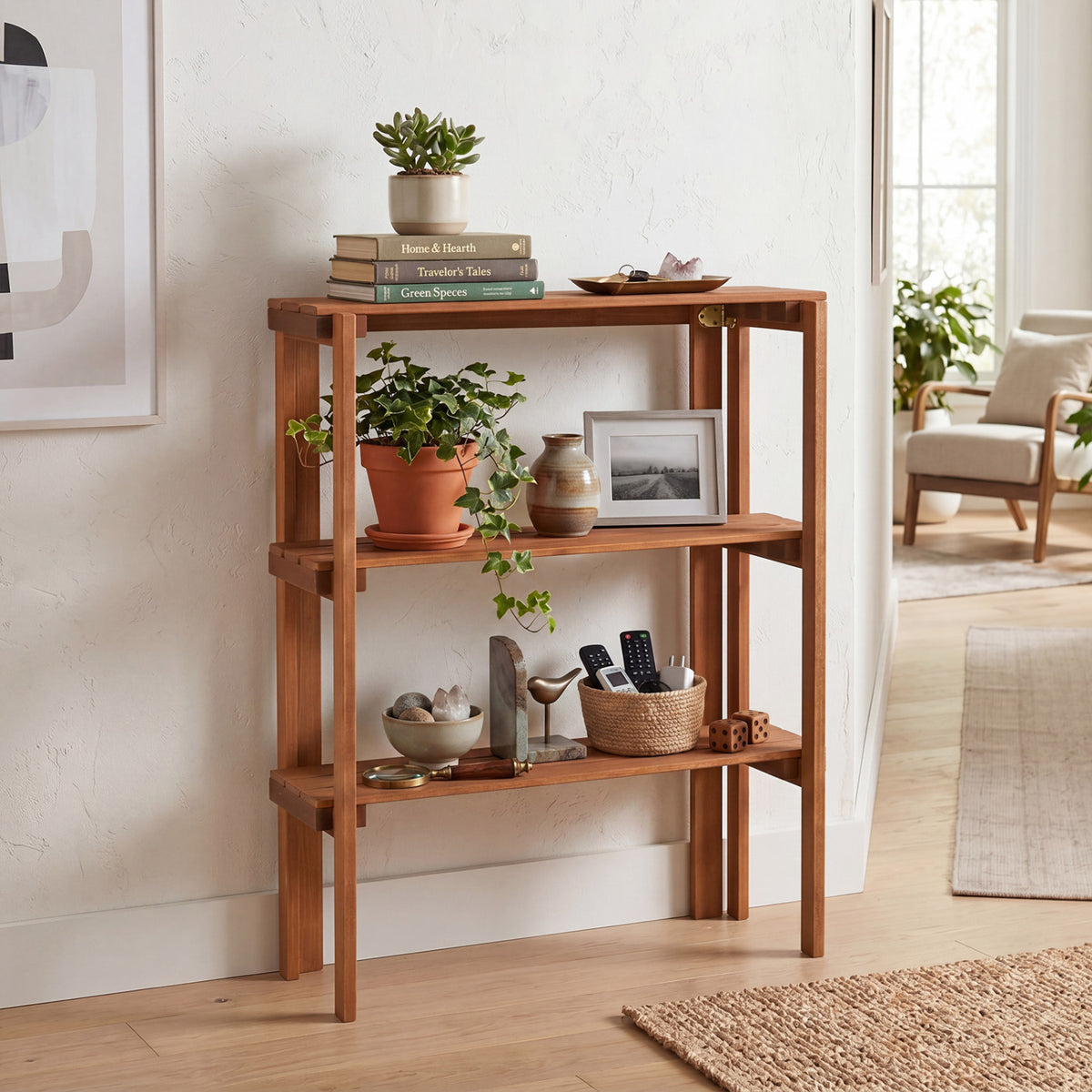 2/3-Tier Folding Wooden Storage Shelves for Entryway and Garden-3-Tier view 6