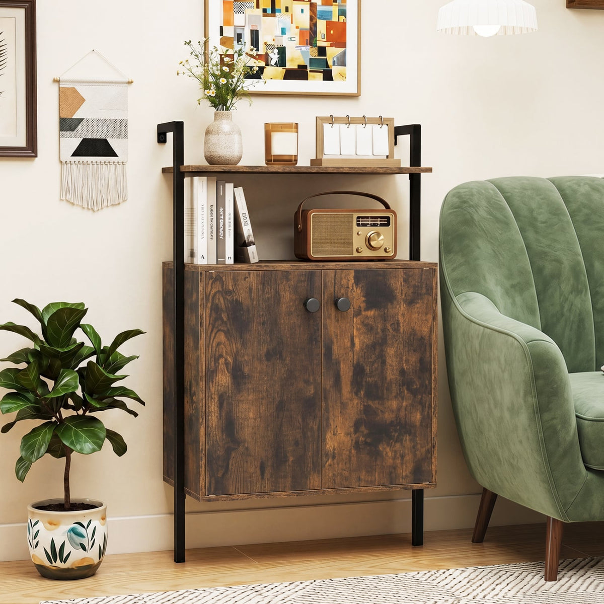2-Door Wall Mount Bookshelf with Storage Cabinet-Rustic Brown view 2