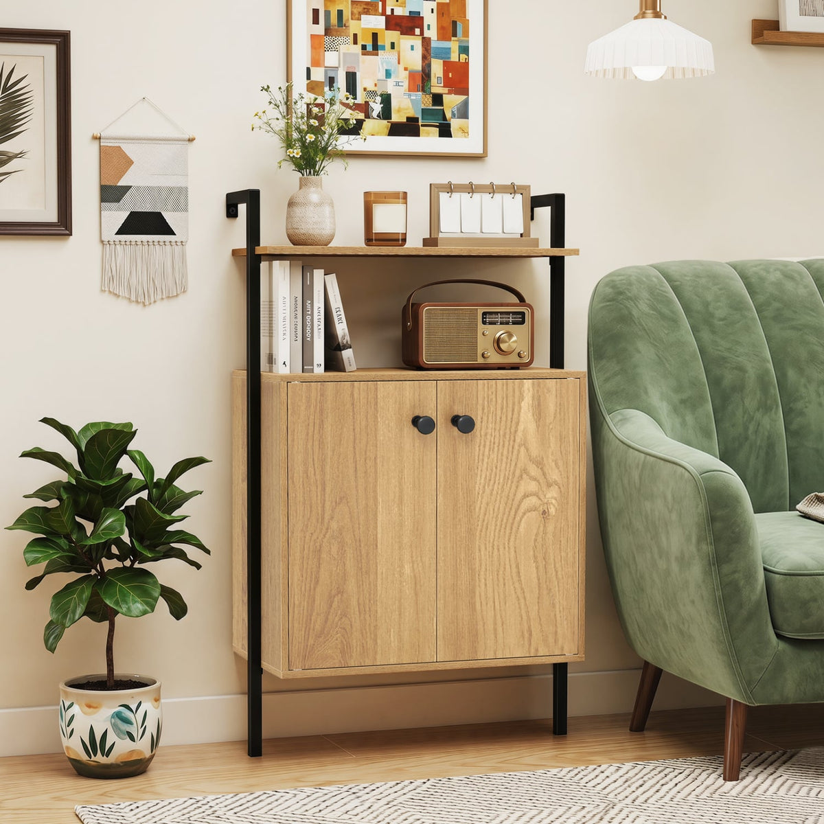 2-Door Wall Mount Bookshelf with Storage Cabinet-Natural view 2