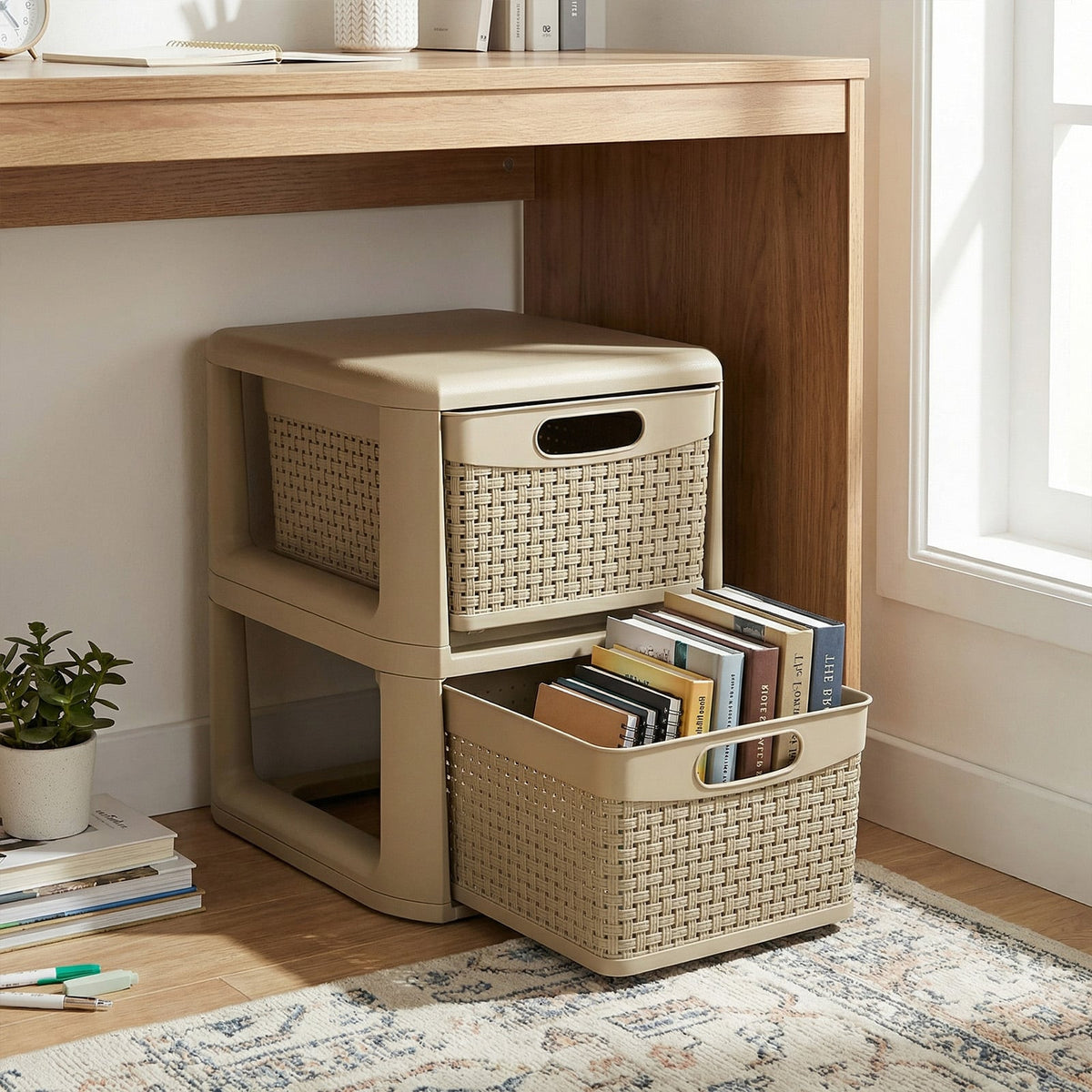 2-Drawer Storage Organizer with Wicker Patterns-Brown view 3