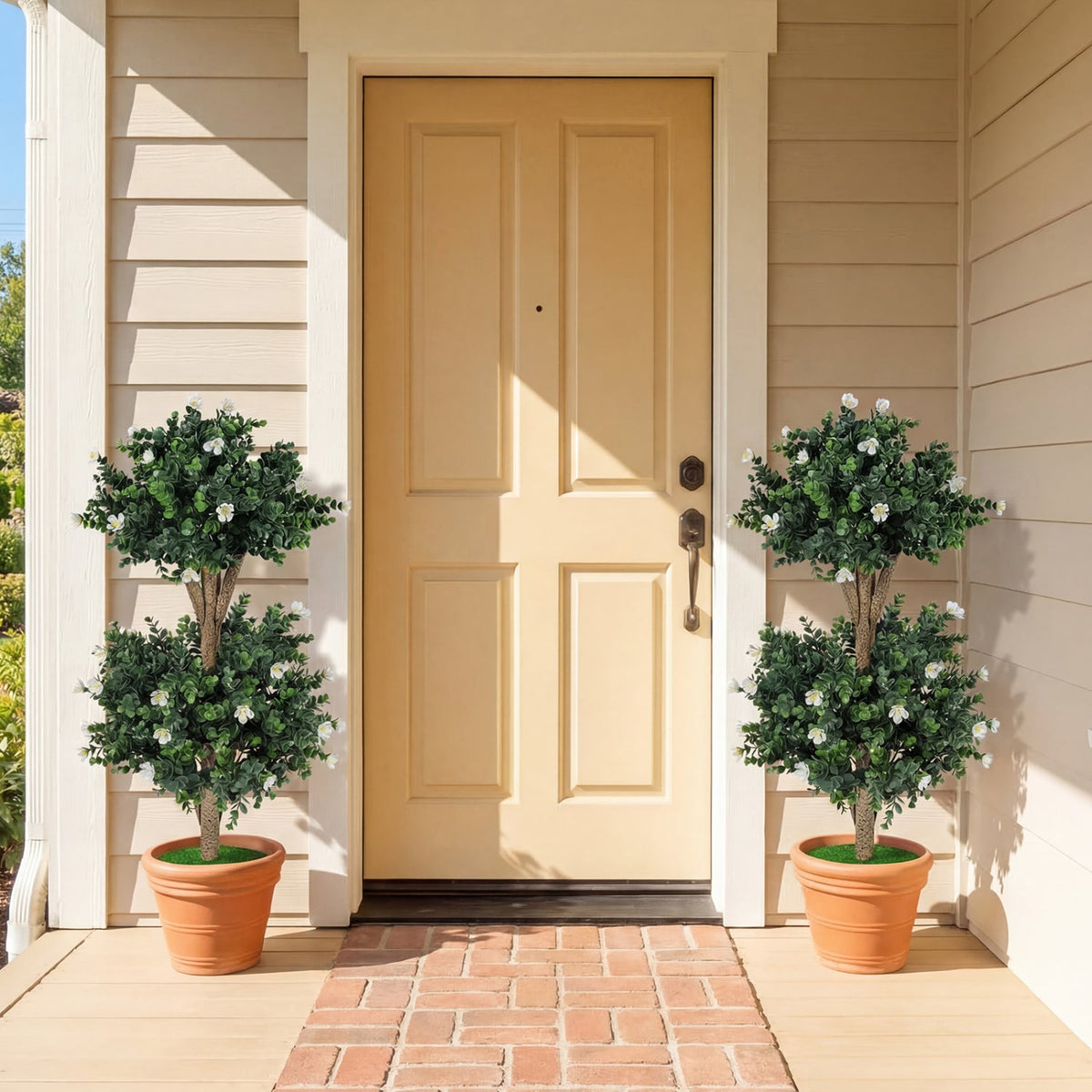 2 Pack 36 inches Artificial Double Ball Boxwood Topiary Tree with 41 Blossoms-White view 2
