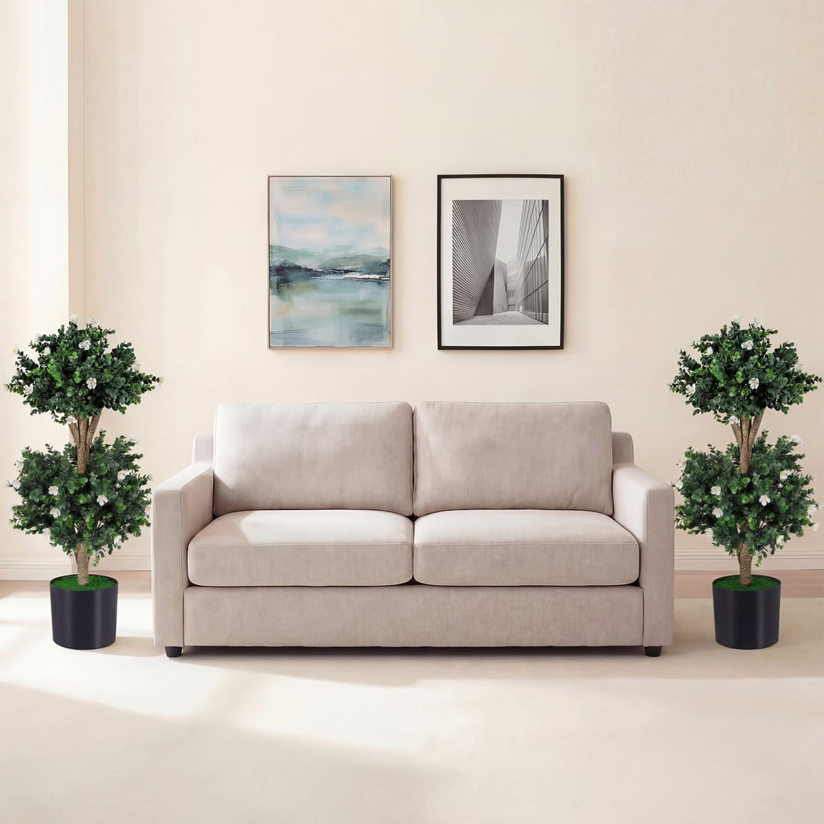 2 Pack 36 inches Artificial Double Ball Boxwood Topiary Tree with 41 Blossoms-White view 3