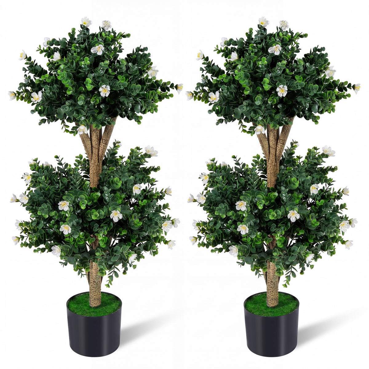 2 Pack 36 inches Artificial Double Ball Boxwood Topiary Tree with 41 Blossoms-White