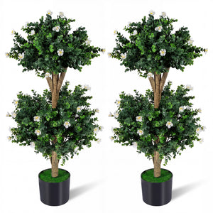2 Pack 36 inches Artificial Double Ball Boxwood Topiary Tree with 41 Blossoms-White