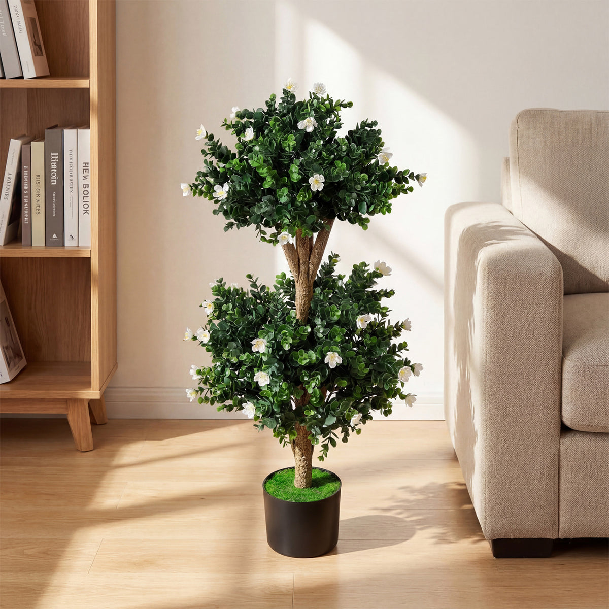 2 Pack 36 inches Artificial Double Ball Boxwood Topiary Tree with 41 Blossoms-White view 5