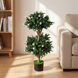 2 Pack 36 inches Artificial Double Ball Boxwood Topiary Tree with 41 Blossoms-White view 5