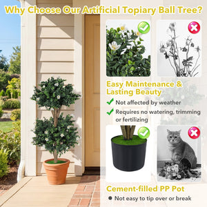 2 Pack 36 inches Artificial Double Ball Boxwood Topiary Tree with 41 Blossoms-White view 7