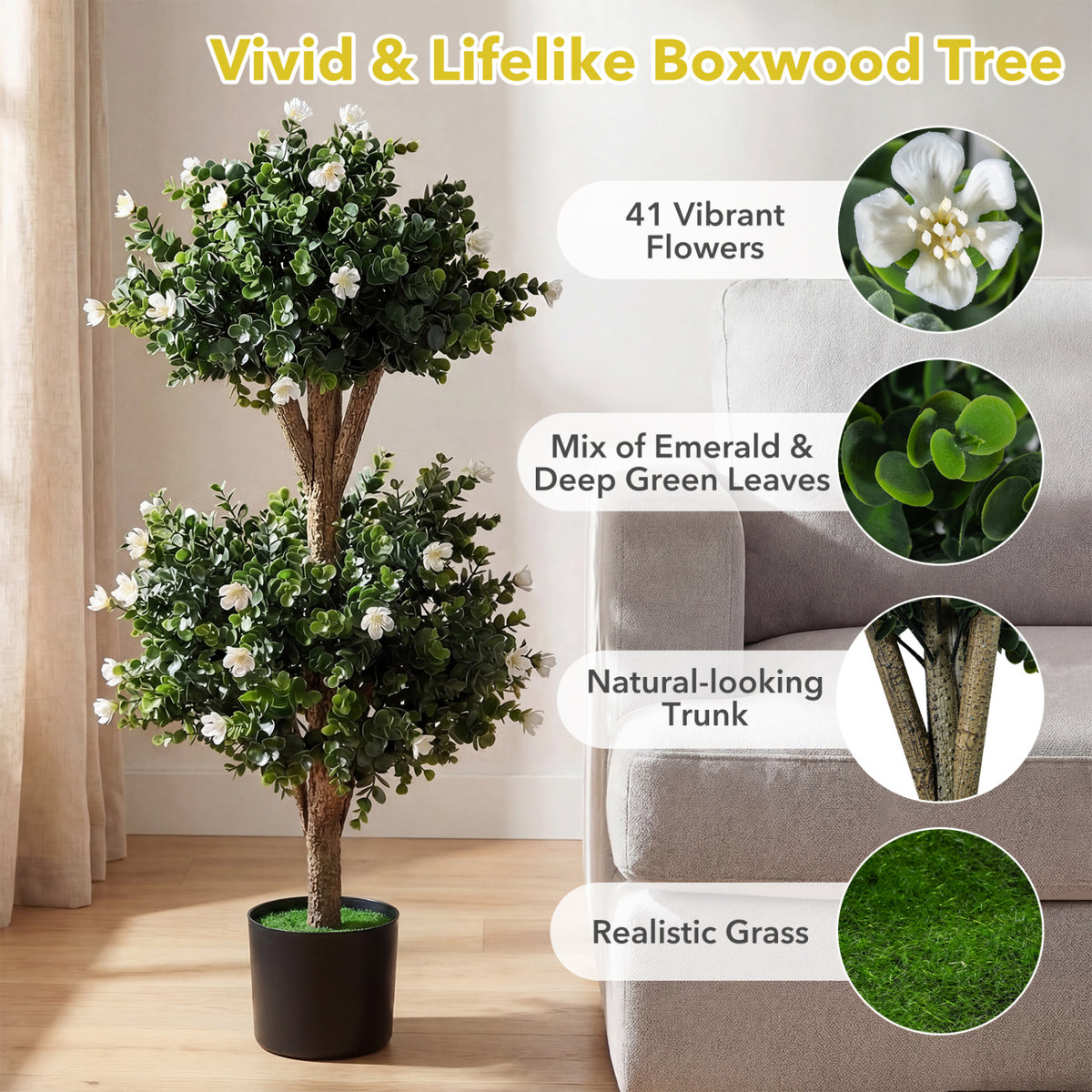 2 Pack 36 inches Artificial Double Ball Boxwood Topiary Tree with 41 Blossoms-White view 9