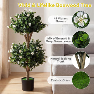 2 Pack 36 inches Artificial Double Ball Boxwood Topiary Tree with 41 Blossoms-White view 9