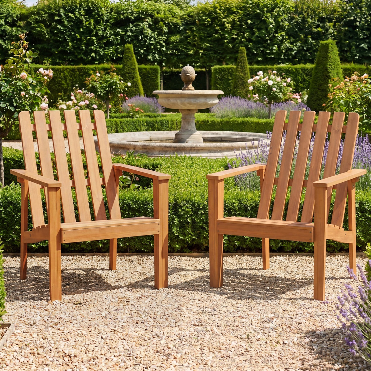 2 Pack Acacia Wood Outdoor Patio Chair with Slatted Backrest and Seat Built-in Armrest view 2