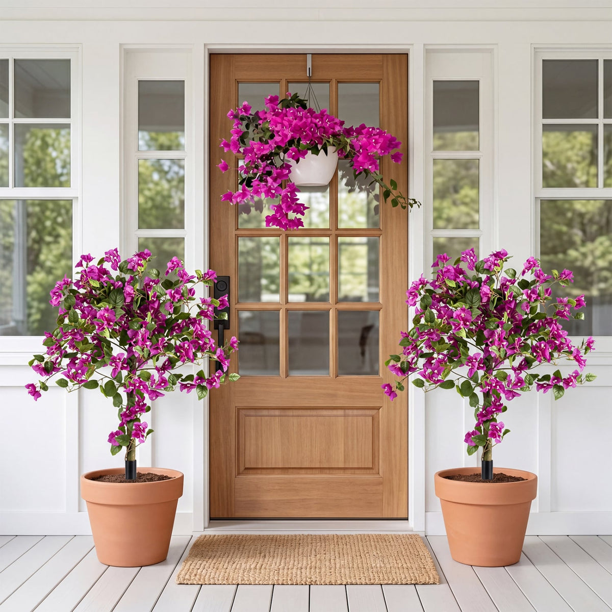 2 Pack Artificial Bougainvillea Trees with Ground Spike and PE Trunks for Porch view 5
