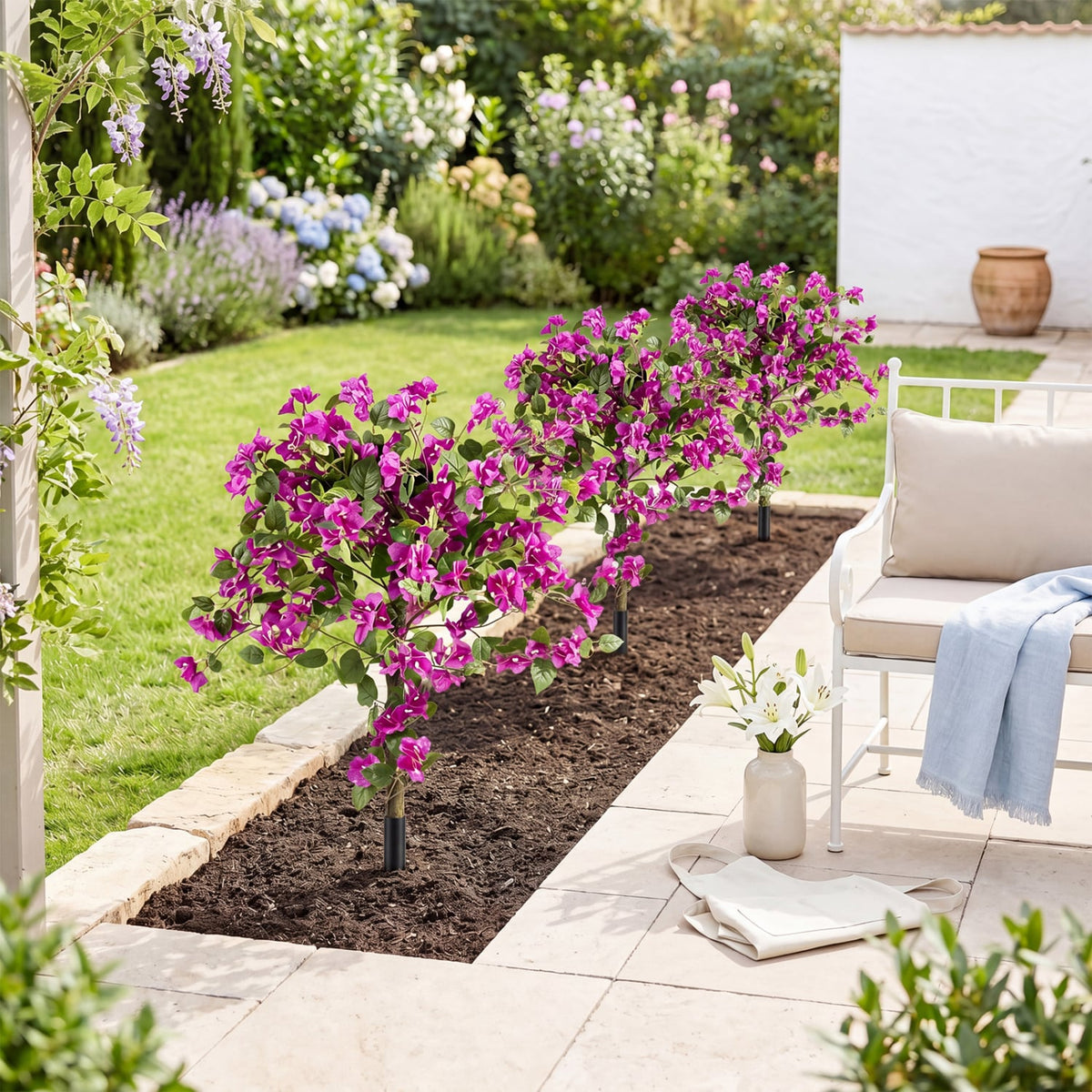 2 Pack Artificial Bougainvillea Trees with Ground Spike and PE Trunks for Porch view 6