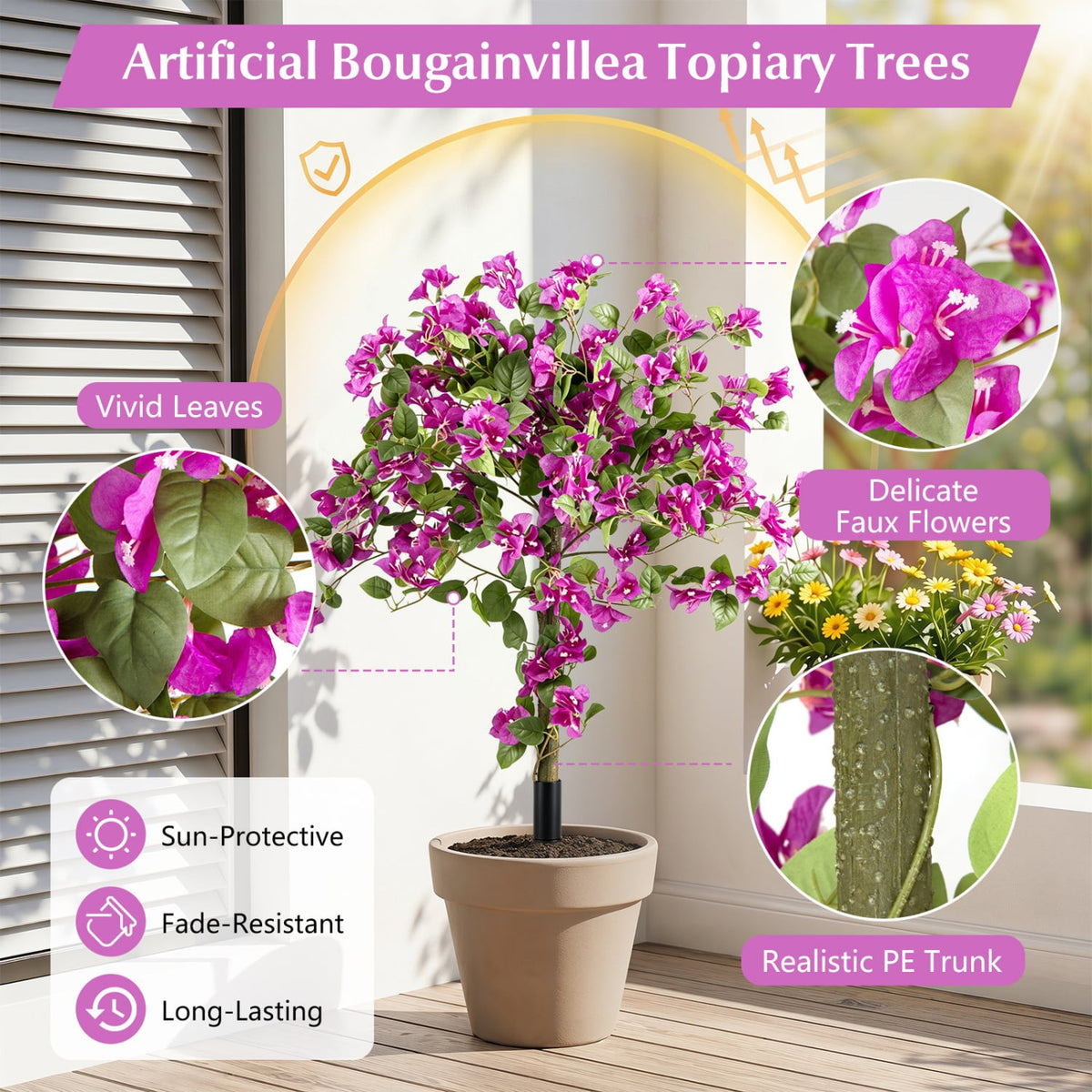 2 Pack Artificial Bougainvillea Trees with Ground Spike and PE Trunks for Porch view 7