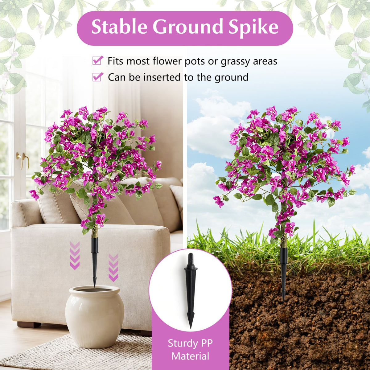 2 Pack Artificial Bougainvillea Trees with Ground Spike and PE Trunks for Porch view 9