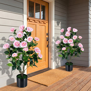 2-Pack Artificial Camellia Tree Faux Flower Plant in Cement-Filled Pot-Pink view 2