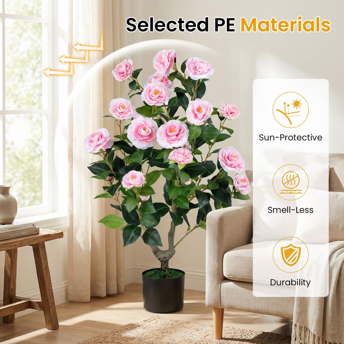 2-Pack Artificial Camellia Tree Faux Flower Plant in Cement-Filled Pot-Pink view 6