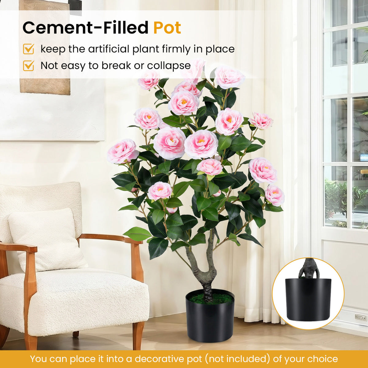2-Pack Artificial Camellia Tree Faux Flower Plant in Cement-Filled Pot-Pink view 8