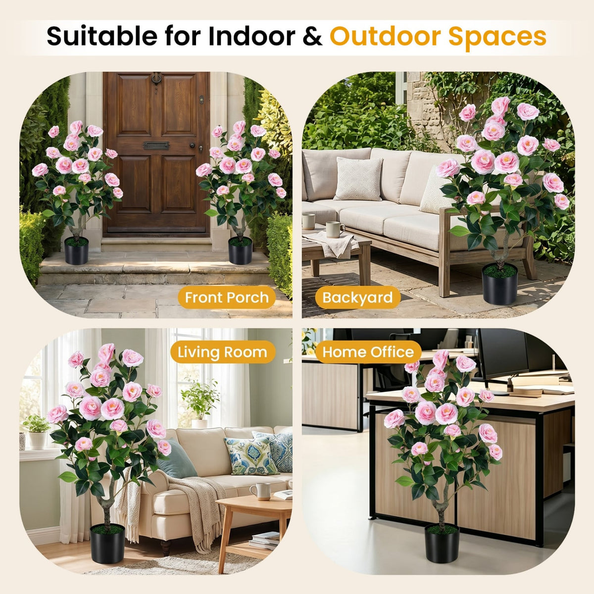 2-Pack Artificial Camellia Tree Faux Flower Plant in Cement-Filled Pot-Pink view 9
