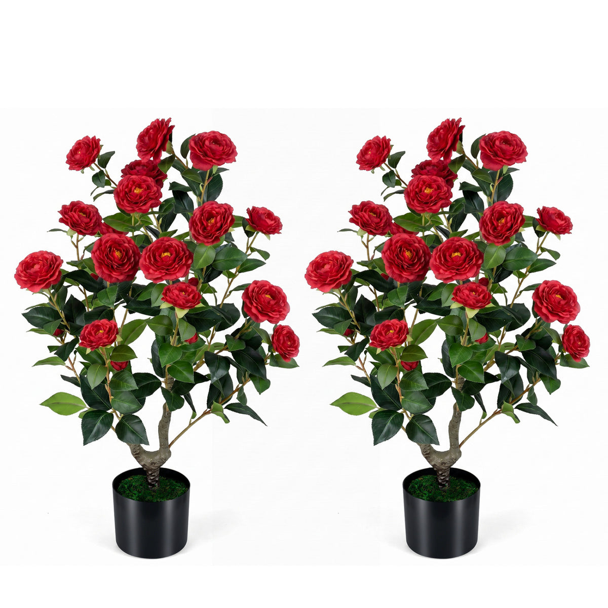 2-Pack Artificial Camellia Tree Faux Flower Plant in Cement-Filled Pot-Red