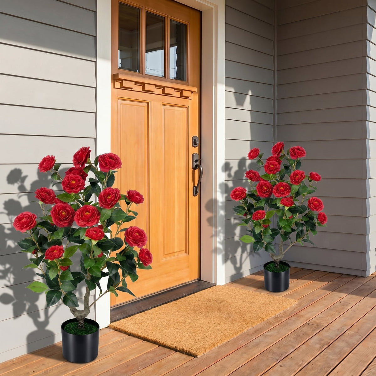 2-Pack Artificial Camellia Tree Faux Flower Plant in Cement-Filled Pot-Red view 2