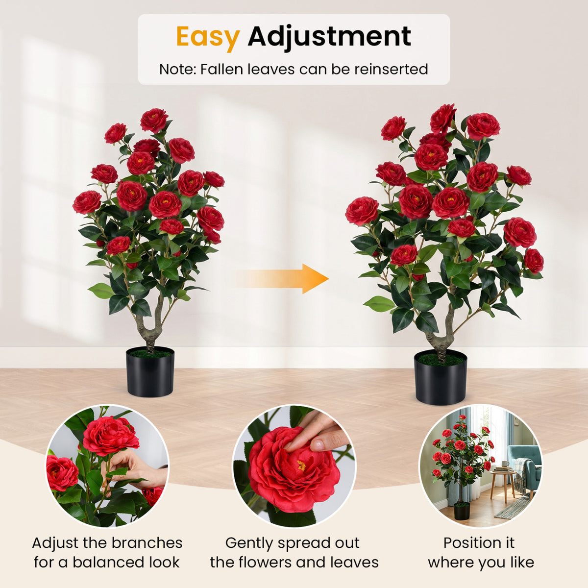 2-Pack Artificial Camellia Tree Faux Flower Plant in Cement-Filled Pot-Red view 5