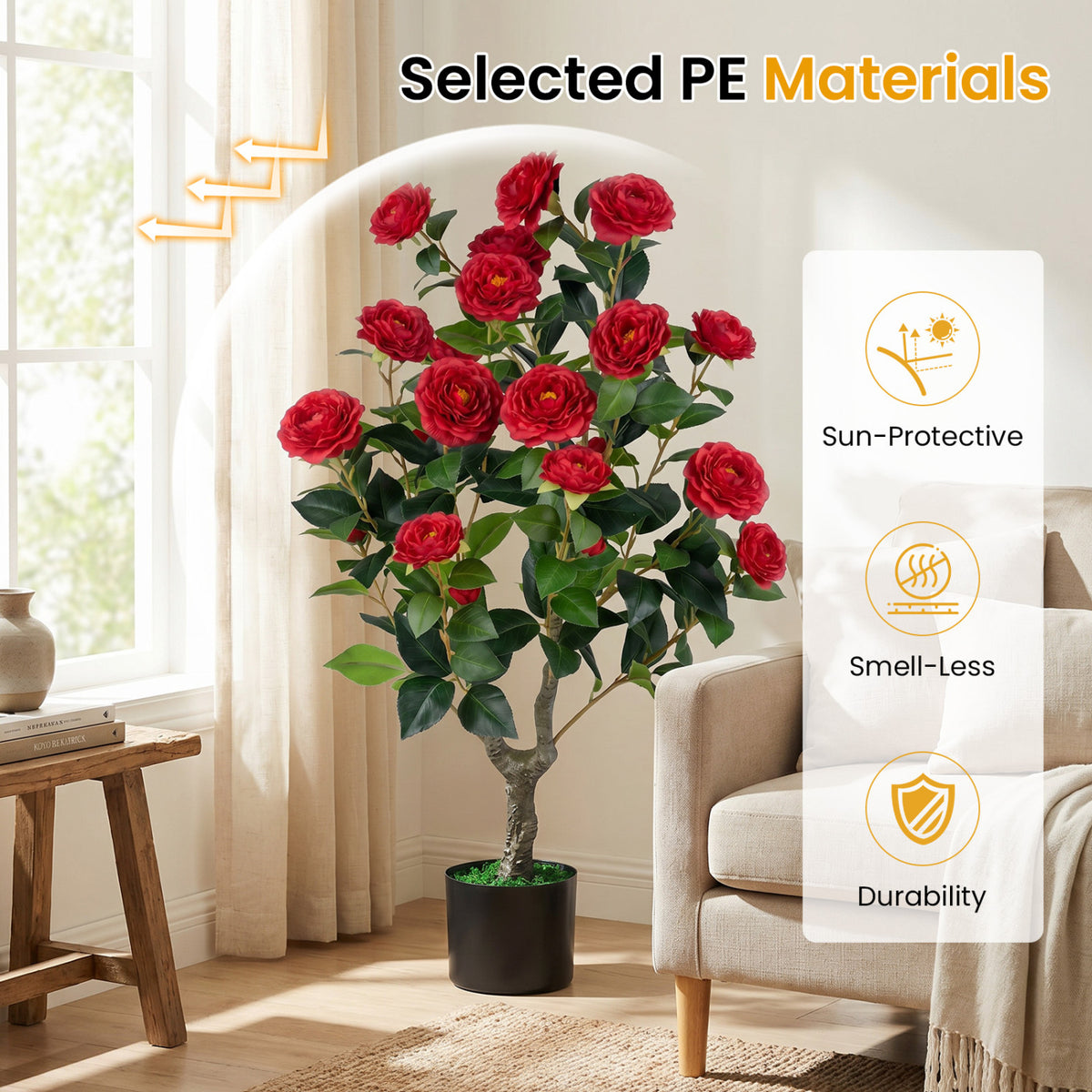 2-Pack Artificial Camellia Tree Faux Flower Plant in Cement-Filled Pot-Red view 6