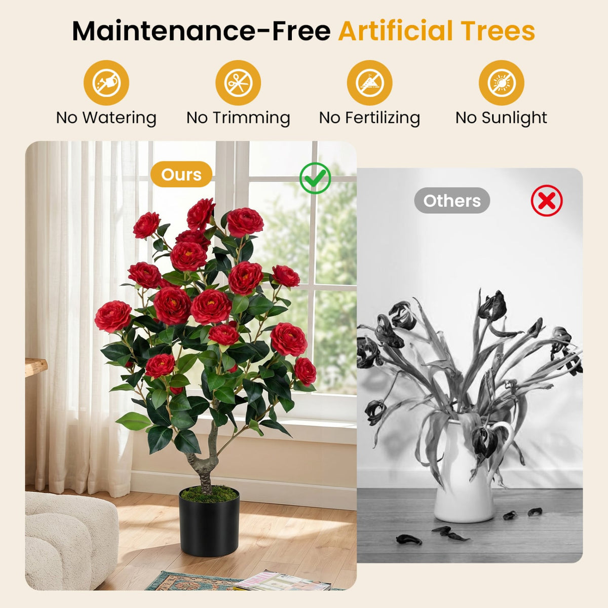 2-Pack Artificial Camellia Tree Faux Flower Plant in Cement-Filled Pot-Red view 7