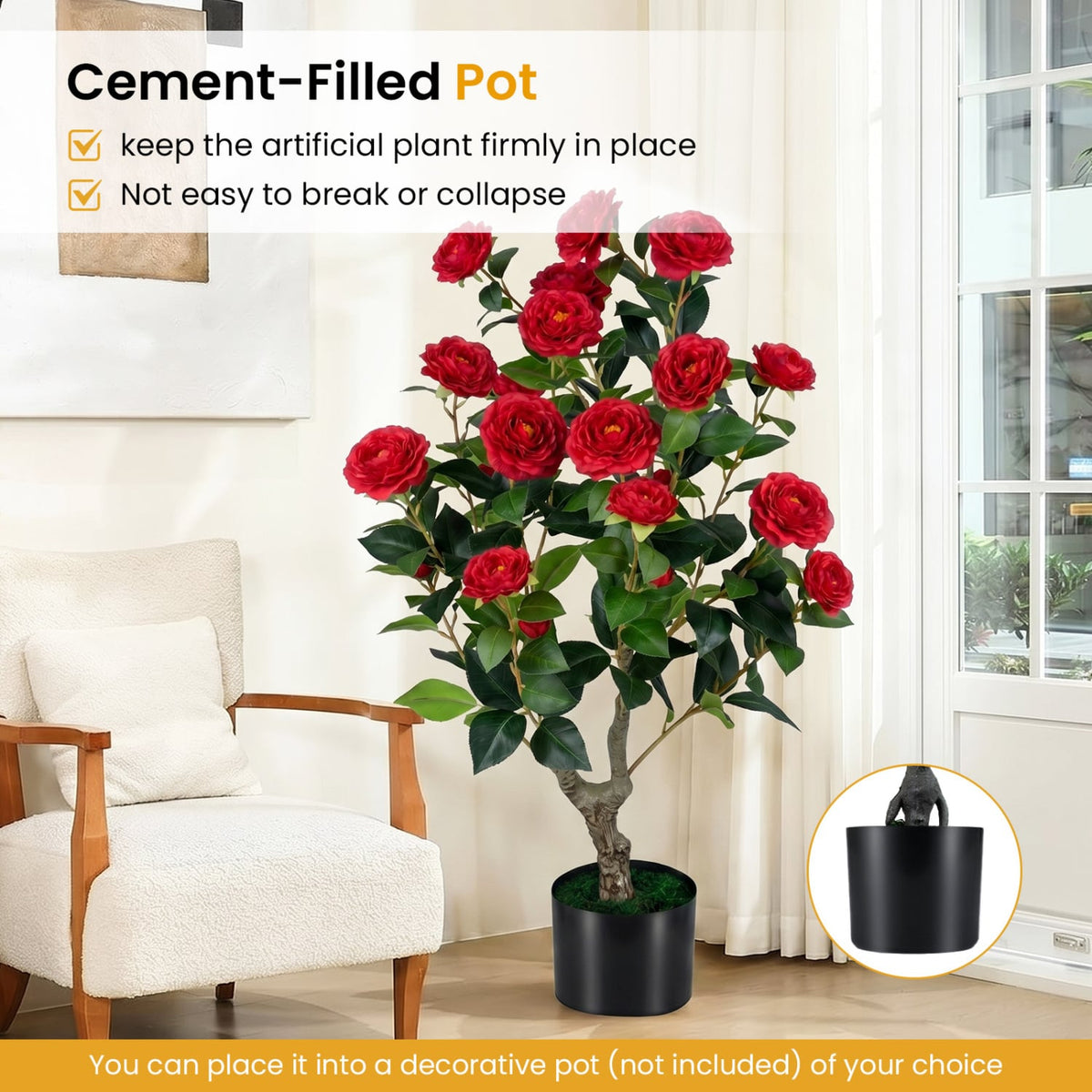 2-Pack Artificial Camellia Tree Faux Flower Plant in Cement-Filled Pot-Red view 8
