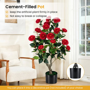 2-Pack Artificial Camellia Tree Faux Flower Plant in Cement-Filled Pot-Red view 8