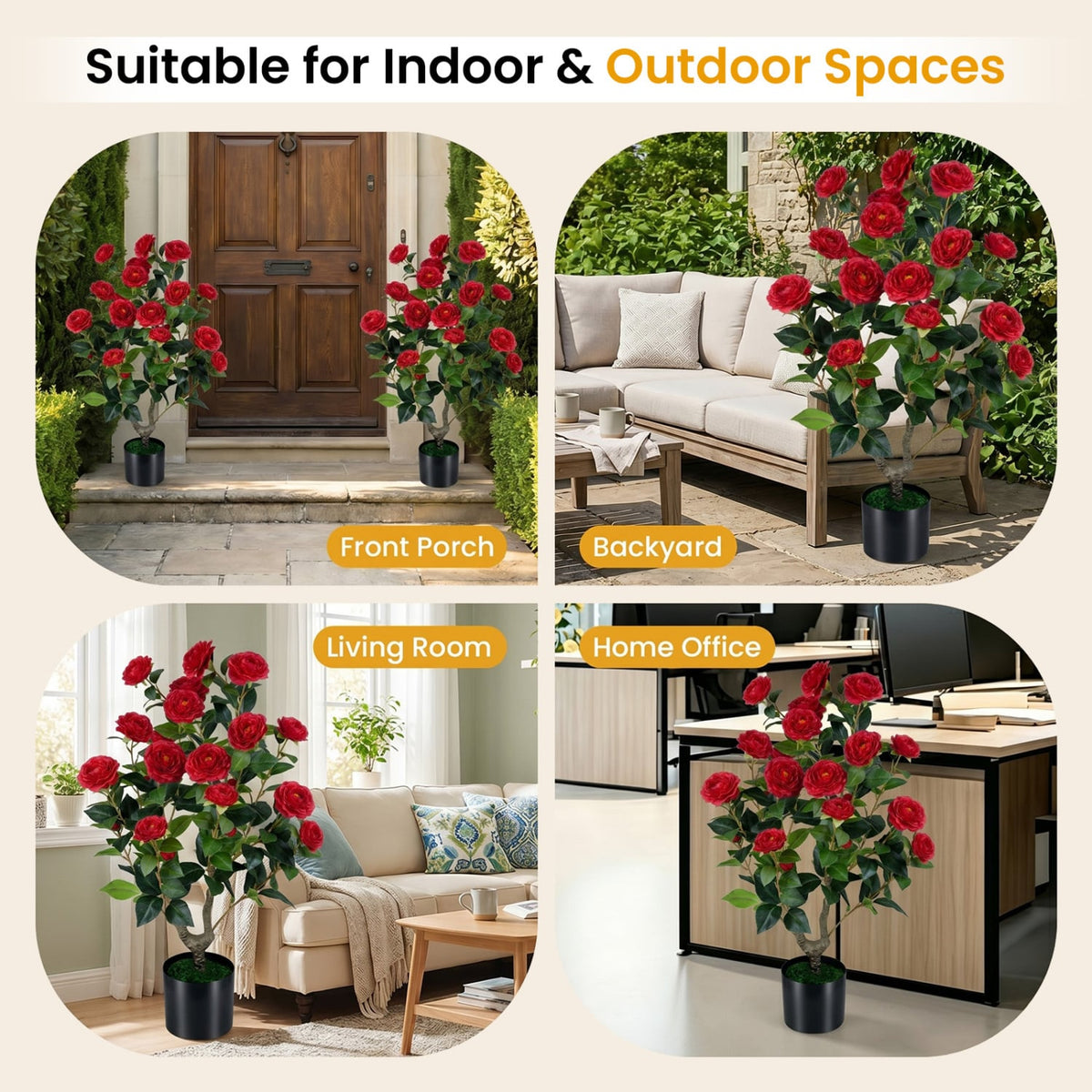 2-Pack Artificial Camellia Tree Faux Flower Plant in Cement-Filled Pot-Red view 9