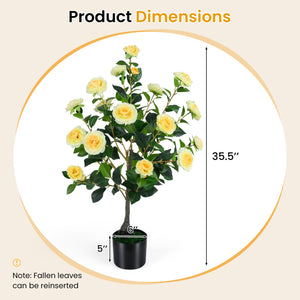 2-Pack Artificial Camellia Tree Faux Flower Plant in Cement-Filled Pot-Yellow view 4