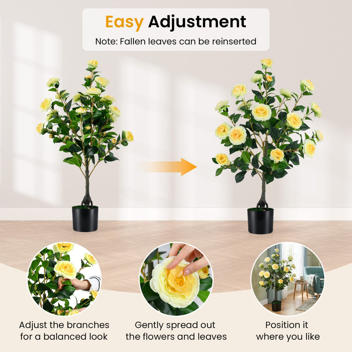 2-Pack Artificial Camellia Tree Faux Flower Plant in Cement-Filled Pot-Yellow view 5