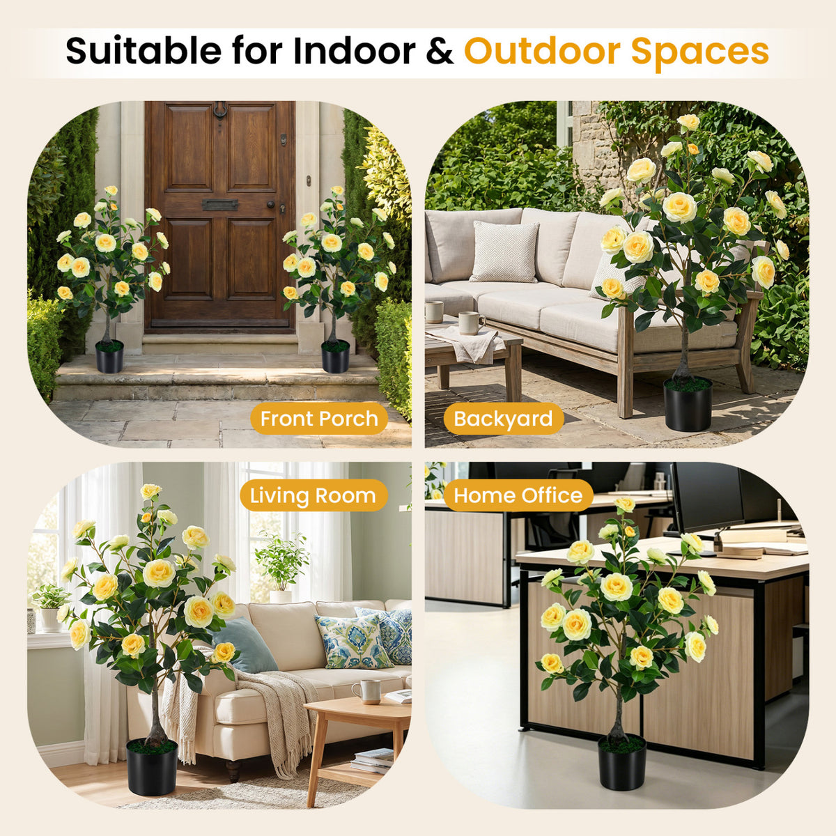 2-Pack Artificial Camellia Tree Faux Flower Plant in Cement-Filled Pot-Yellow view 9