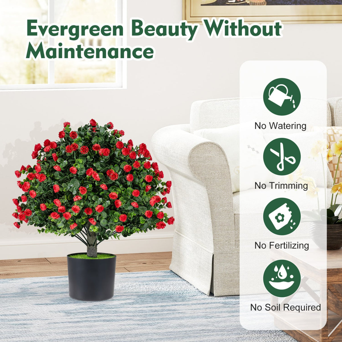 2 Pack Artificial Rose Topiary Ball Trees with PP Cement-Filled Flowerpot for Home view 4