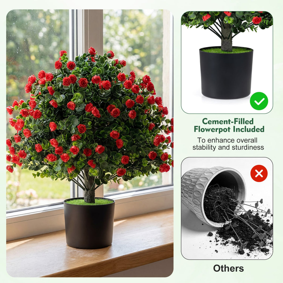 2 Pack Artificial Rose Topiary Ball Trees with PP Cement-Filled Flowerpot for Home view 6