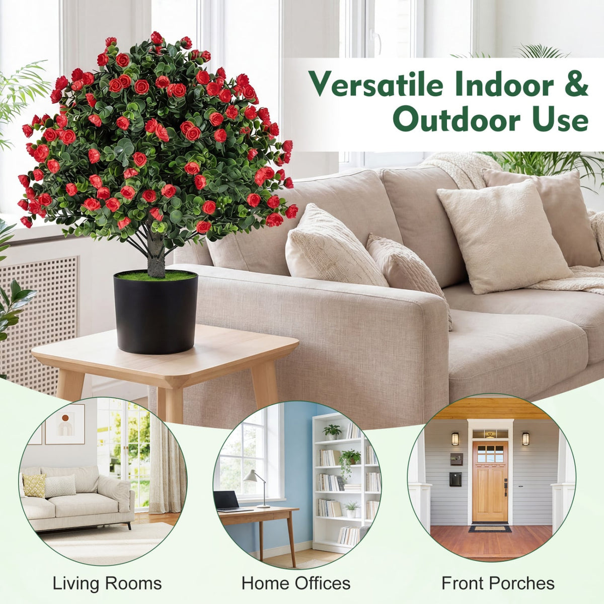 2 Pack Artificial Rose Topiary Ball Trees with PP Cement-Filled Flowerpot for Home view 7