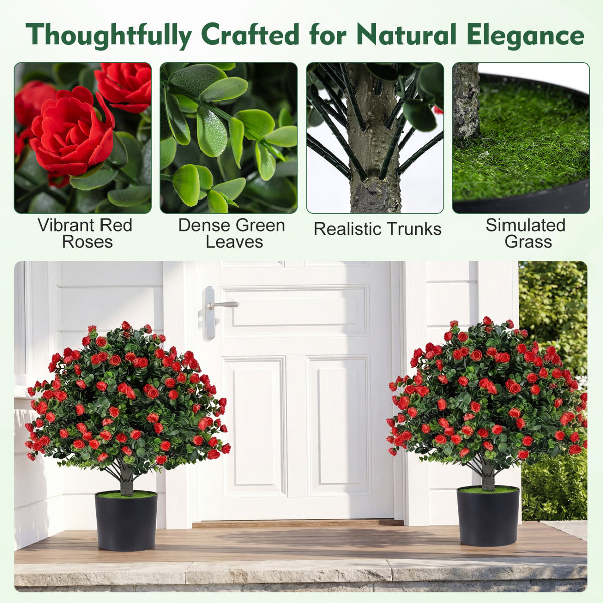 2 Pack Artificial Rose Topiary Ball Trees with PP Cement-Filled Flowerpot for Home view 8