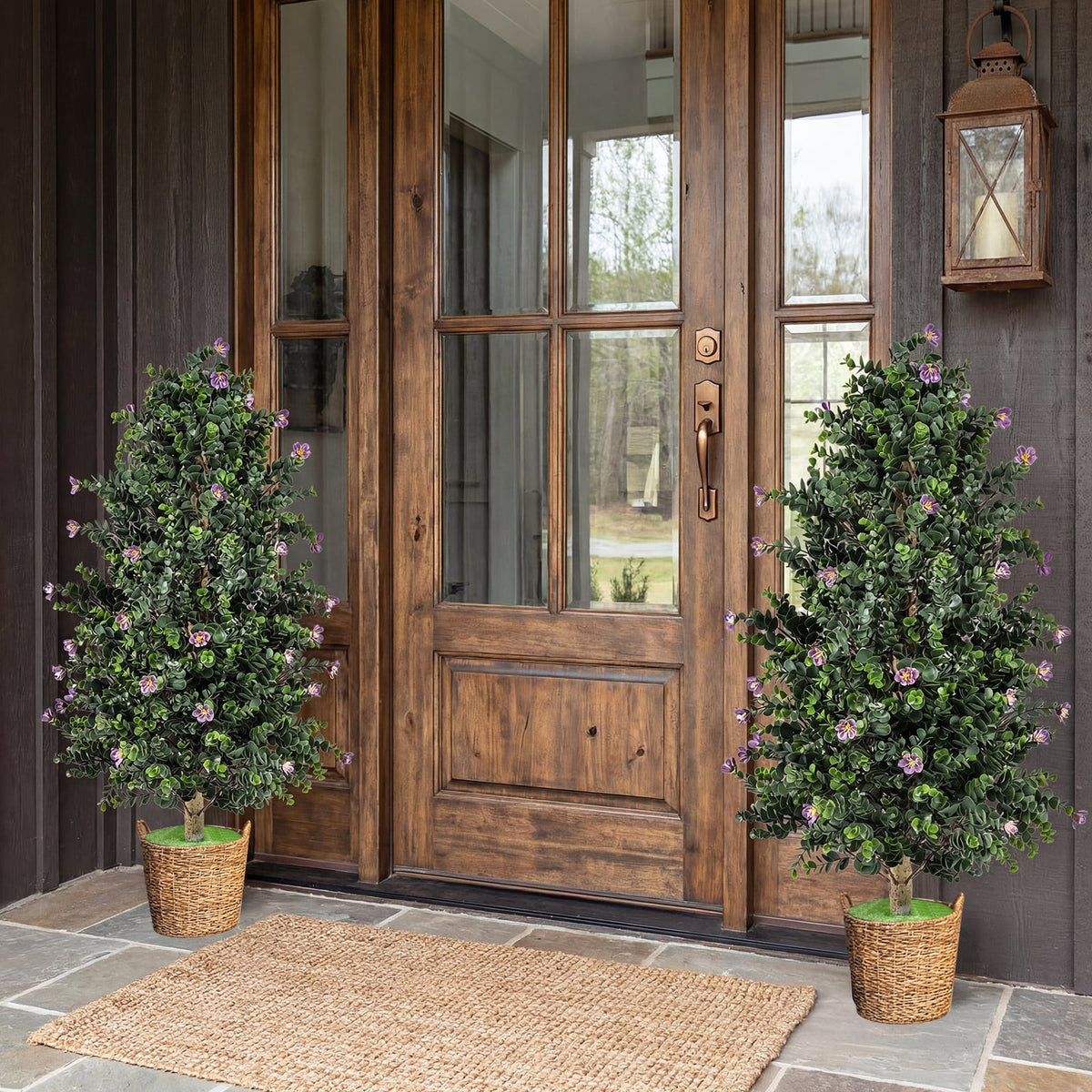 2 Pack Artificial Topiary Cone Tree Faux Potted Shrub Plant with 49 Flowers-purple view 2