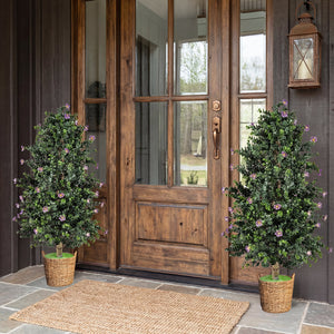 2 Pack Artificial Topiary Cone Tree Faux Potted Shrub Plant with 49 Flowers-purple view 2