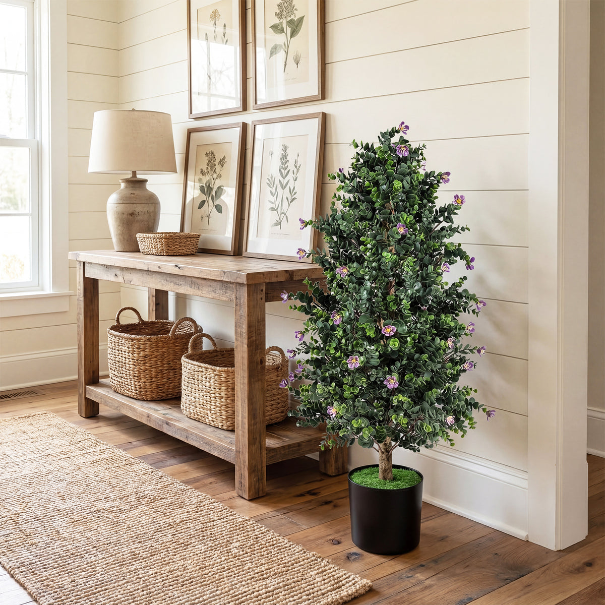 2 Pack Artificial Topiary Cone Tree Faux Potted Shrub Plant with 49 Flowers-purple view 3