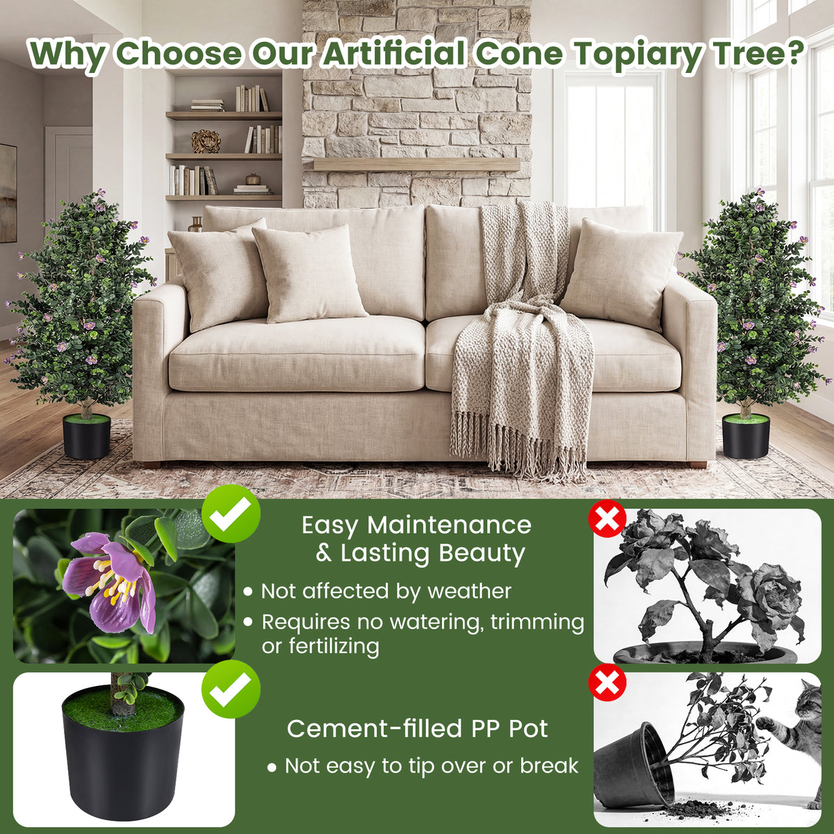 2 Pack Artificial Topiary Cone Tree Faux Potted Shrub Plant with 49 Flowers-purple view 8