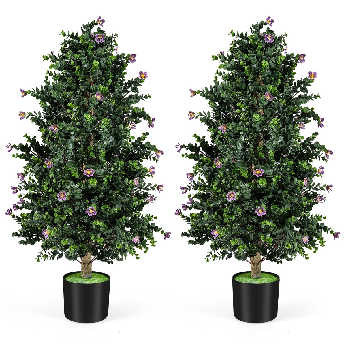 2 Pack Artificial Topiary Cone Tree Faux Potted Shrub Plant with 49 Flowers-purple view 4