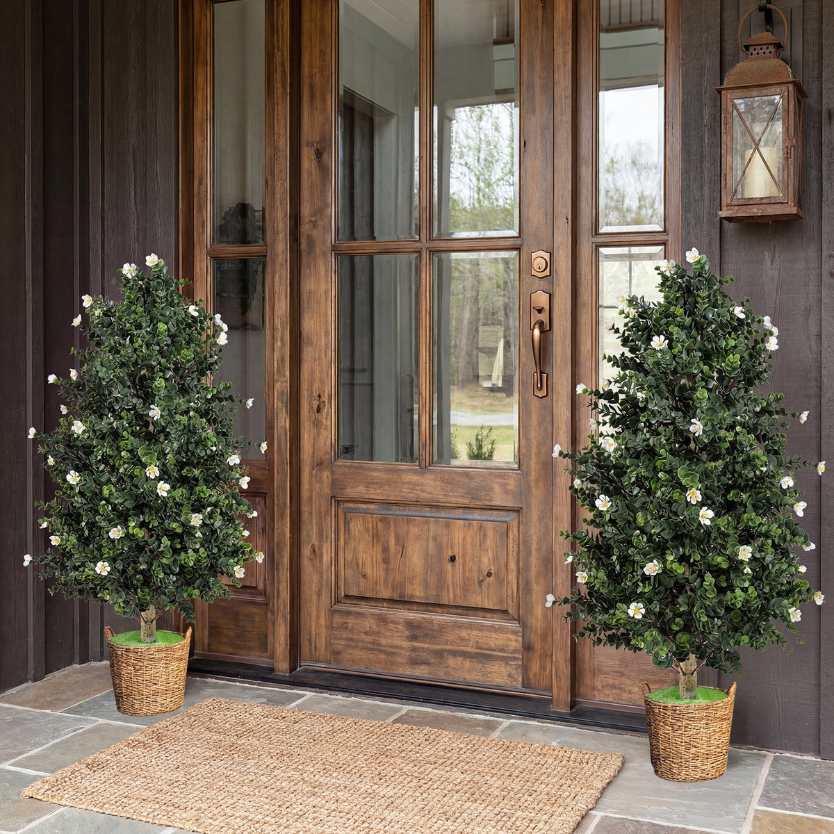 2 Pack Artificial Topiary Cone Tree Faux Potted Shrub Plant with 49 Flowers-White view 2