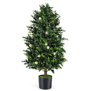 2 Pack Artificial Topiary Cone Tree Faux Potted Shrub Plant with 49 Flowers-White