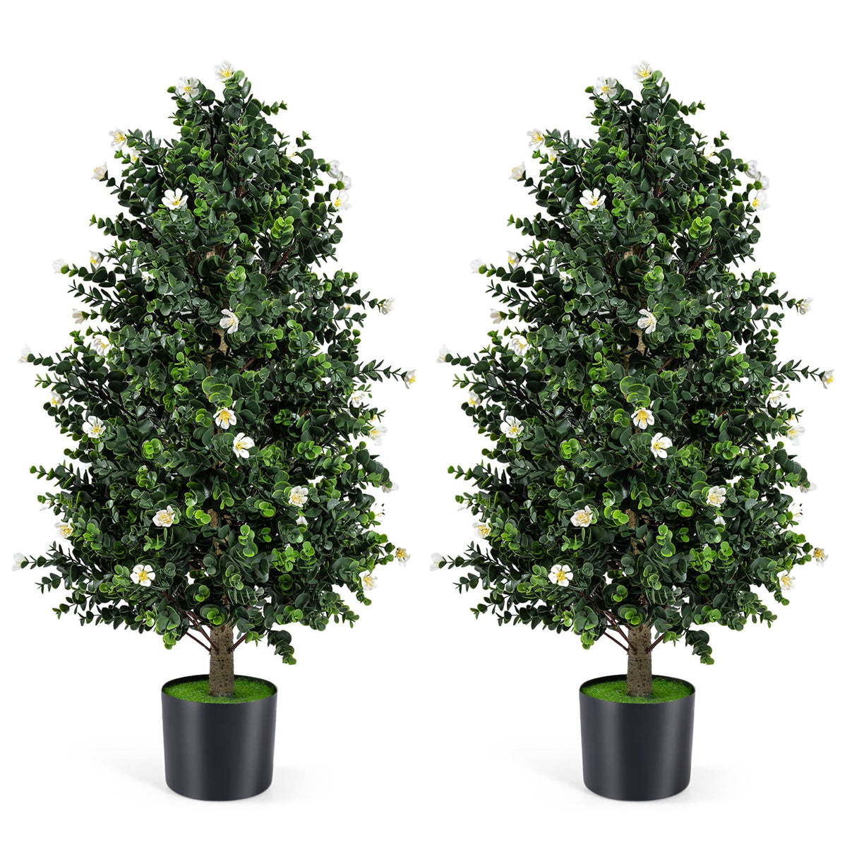2 Pack Artificial Topiary Cone Tree Faux Potted Shrub Plant with 49 Flowers-White view 4
