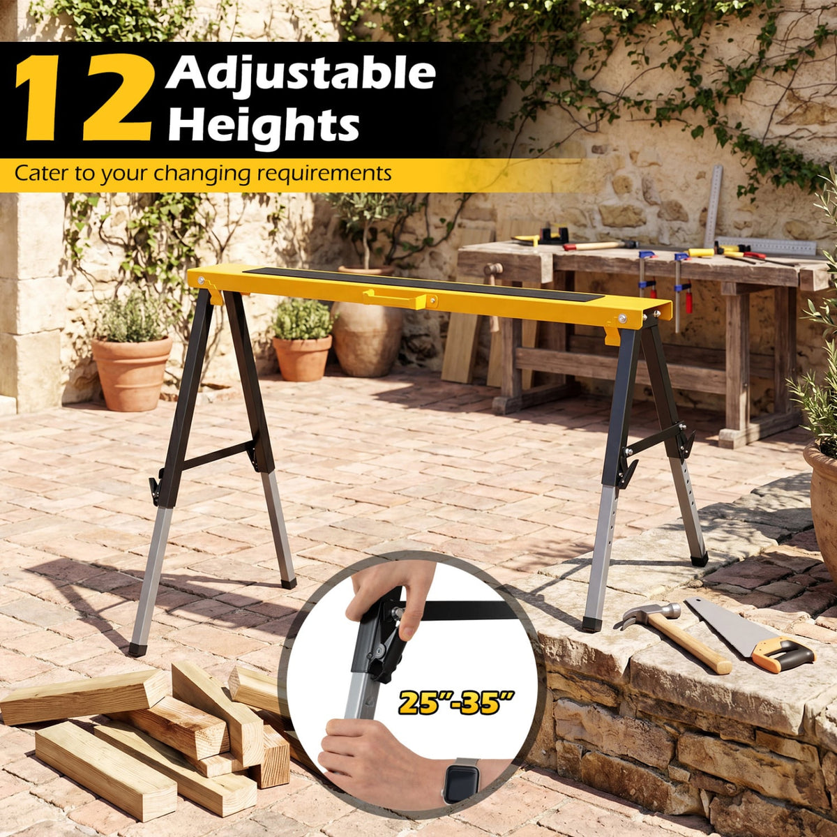 2 Pack Folding Saw Horses with 12 Adjustable Leg Heights and Handles-Yellow view 7