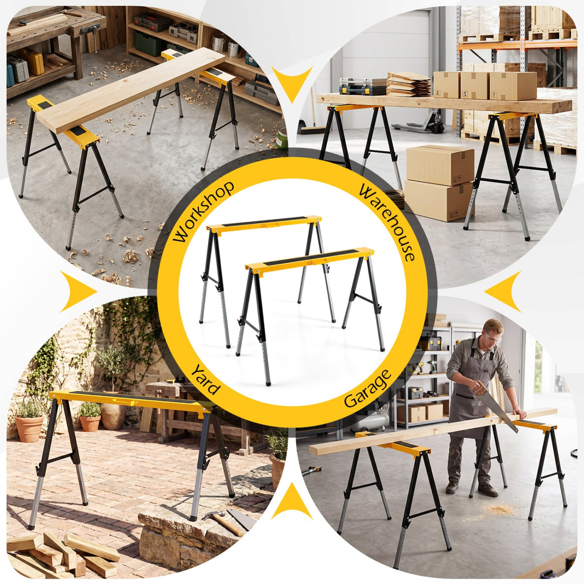 2 Pack Folding Saw Horses with 12 Adjustable Leg Heights and Handles-Yellow view 9