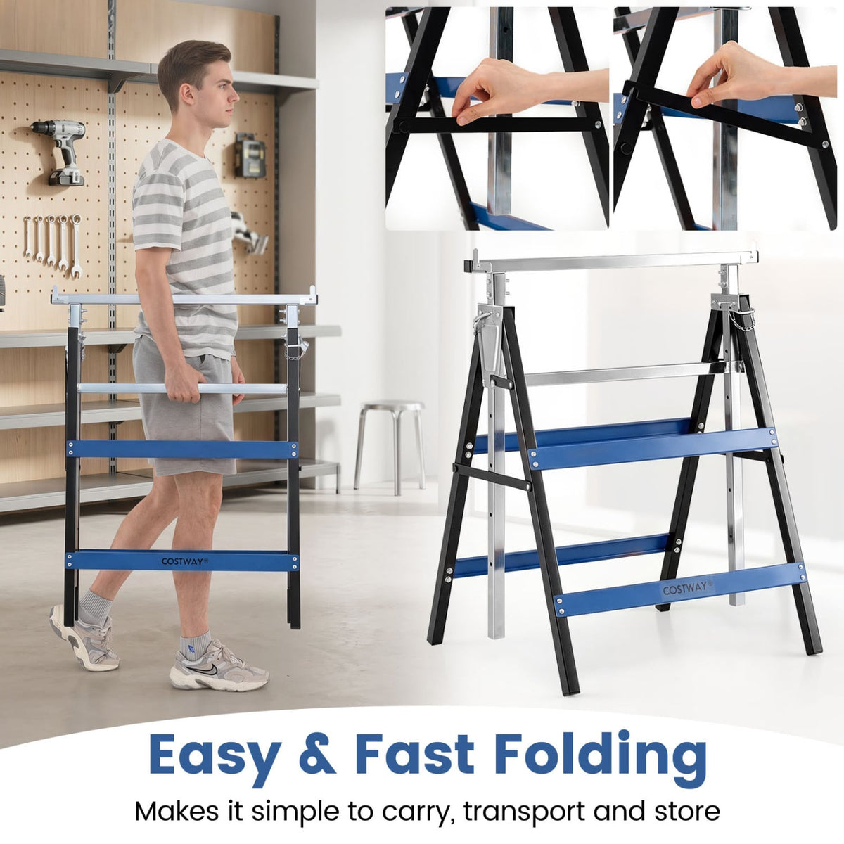 2 Pack Heavy Duty Metal Folding Saw Horses with Adjustable Height- Blue view 7