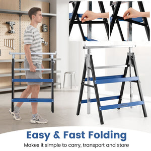 2 Pack Heavy Duty Metal Folding Saw Horses with Adjustable Height- Blue view 7