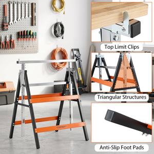 2 Pack Heavy Duty Metal Folding Saw Horses with Adjustable Height-Orange view 9